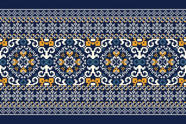 ネイビーブルーの背景に花のクロスステッチ刺繍 幾何学的な東洋のシームレスなパターンの伝統 テクスチャ ファブリック ラッピング カーペットのためのアステカスタイル抽象的なベクトルのデザイン — ストックベクタ