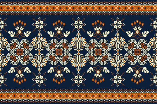 ネイビーブルーの背景に花のクロスステッチ刺繍 幾何学的な東洋のシームレスなパターンの伝統 テクスチャ ファブリック ラッピング カーペットのためのアステカスタイル抽象的なベクトルのデザイン — ストックベクタ