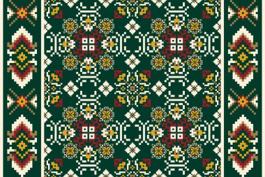 Yeşil arka plan üzerine çiçek haçı nakışı. Geometrik etnik doğuya özgü desensiz desen geleneği. Doku, kumaş, giysi, ambalaj, dekorasyon, eşarp, baskı için tasarım.