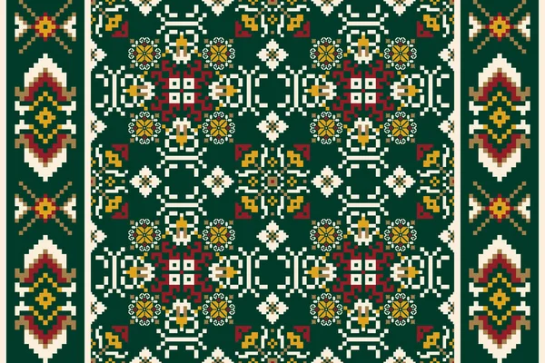 Broderie Point Croisé Floral Sur Fond Vert Motif Sans Couture — Image vectorielle