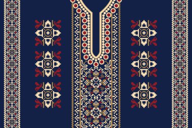 Çiçeksel çapraz dikiş yaka nakışı lacivert arka planda. Geometrik etnik oryantal desen geleneği. Boho yakası. Doku için tasarım, moda kadınlarının giyimi, baskı giyimi için tasarım. 