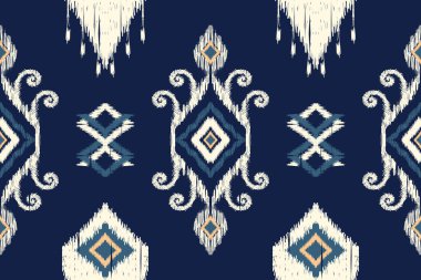 Afrika Ikat desenli lacivert arka plan nakışı. Geometrik etnik doğulu dikişsiz desen geleneği. Soyut vektör çizimi. Doku, kumaş, giysi, ambalaj tasarımı..