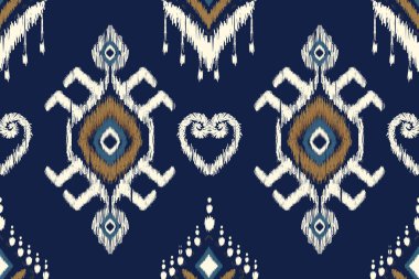 Afrika Ikat desenli lacivert arka plan nakışı. Geometrik etnik doğulu dikişsiz desen geleneği. Soyut vektör çizimi. Doku, kumaş, giysi, ambalaj tasarımı..