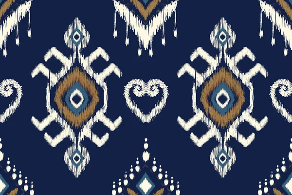 ネイビーブルーを基調としたアフリカのイカットペイズリー刺繍 幾何学的な東洋のシームレスなパターンの伝統 — ストックベクタ