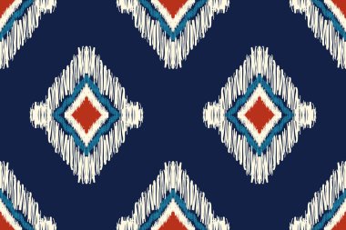 Afrika Ikat desenli lacivert arka plan nakışı. Geometrik etnik doğulu dikişsiz desen geleneği. Soyut vektör çizimi. Doku, kumaş, giysi, ambalaj tasarımı..