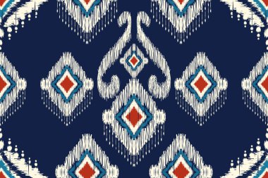 Afrika Ikat desenli lacivert arka plan nakışı. Geometrik etnik doğulu dikişsiz desen geleneği. Soyut vektör çizimi. Doku, kumaş, giysi, ambalaj tasarımı..