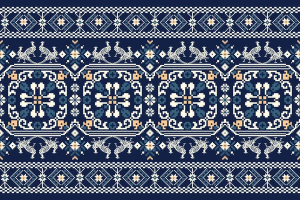 Floral Cross Stabdery Navy Blue Background Geometry Oriental Seamless Pattertional — 스톡 벡터