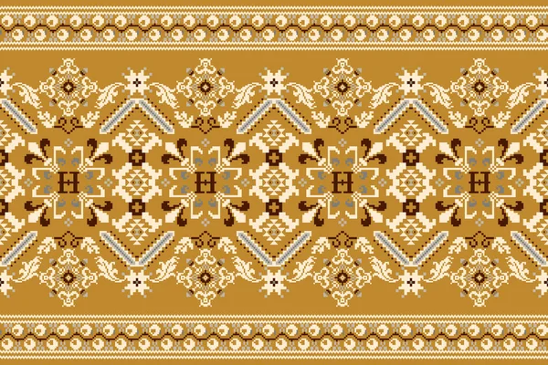 Blommig Cross Stitch Brodyr Gul Bakgrund Geometrisk Etnisk Orientalisk Sömlös — Stock vektor