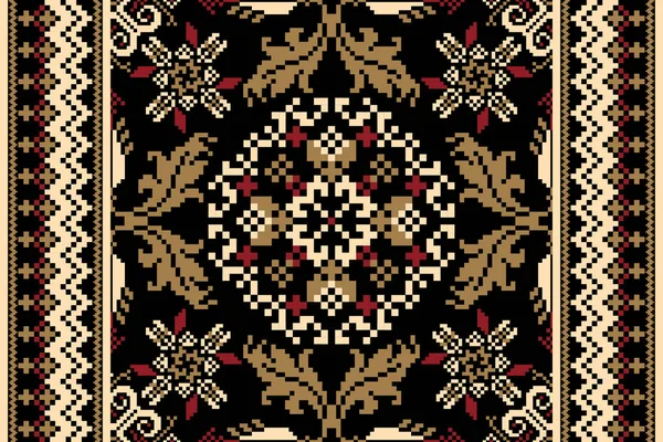 Floral Cross Stitch Stickerei Auf Schwarzem Hintergrund Geometrische Ethnische Orientalische — Stockvektor