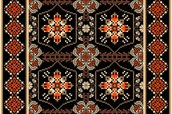 黒の背景に花のクロスステッチ刺繍 幾何学的な東洋のシームレスなパターンの伝統 テクスチャ ファブリック ラッピング カーペットのためのアステックスタイル抽象ベクトル Design — ストックベクタ