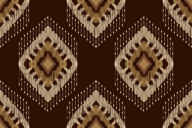 Kahverengi arkaplan üzerine Ikat desenli işleme.Geometrik etnik doğuya özgü desensiz desen gelenekleri.Doku, kumaş, giysi, dekorasyon, baskı için tasarım