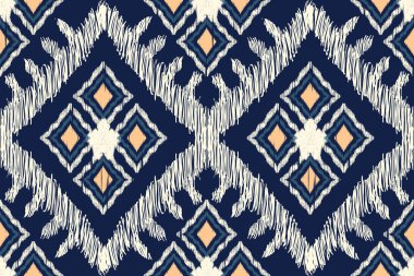 Ikat desenli lacivert arka plan nakışı. Geometrik etnik doğulu dikişsiz desen geleneği. Doku, kumaş, giysi, ambalaj, halı, iz için tasarım.