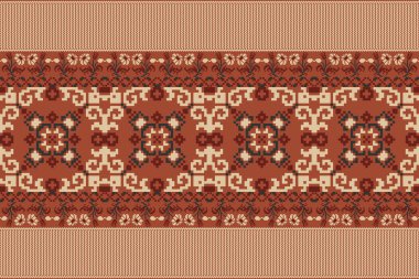 Turuncu arka planda güzel çiçekli haç nakışı. Geometrik etnik doğulu dikişsiz desen geleneği. Doku, kumaş, giysi, halı, soyut vektör tasarımı..