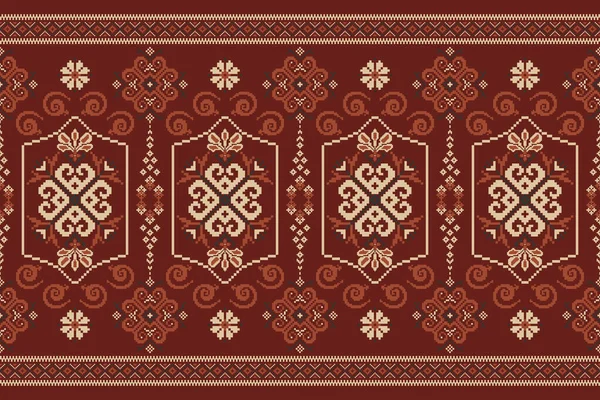 Schöne Florale Kreuzstickerei Auf Rotem Hintergrund Geometrische Ethnische Orientalische Muster — Stockvektor