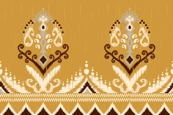 黄色の背景にイカットペイズリー刺繍 幾何学的なエスニックオリエンタルパターンの伝統 アステカスタイル抽象ベクトルイラスト テクスチャ ファブリック ラッピング サロン シャツテール プリントのためのデザイン — ストックベクタ
