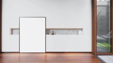Oturma odasının iç kısmında boş bir fotoğraf çerçevesi, ahşap duvarda, 3D fotoğraf.