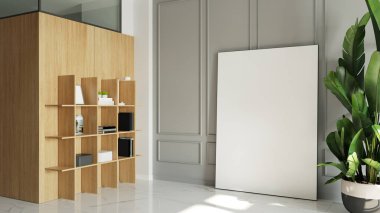 Çalışma odasının iç kısmında boş bir fotoğraf çerçevesi, ahşap duvarda, 3D resimli.