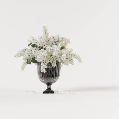 Beyaz arka planda izole edilmiş cam gri vazoda dekoratif leylak beyazı.