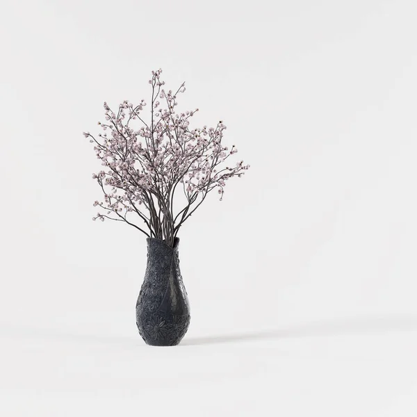 Decorative Sakura Flower Gray Ceramic Vase Isolated White Background — Fotografia de Stock