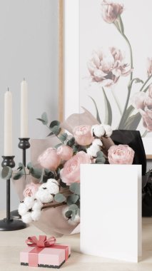 Happy valentine's day with white card and romantic valentine decorations premium photo