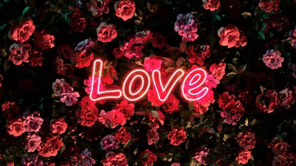Happy valentine's day with pink light neon on background flower premium photo