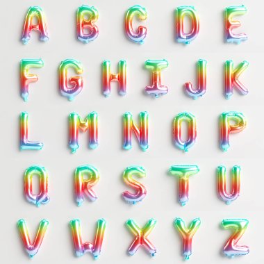 Beyaz zemin üzerinde izole edilmiş tip 8 gökkuşağı balonlarının A 'dan Z' ye olan 26 harfi.