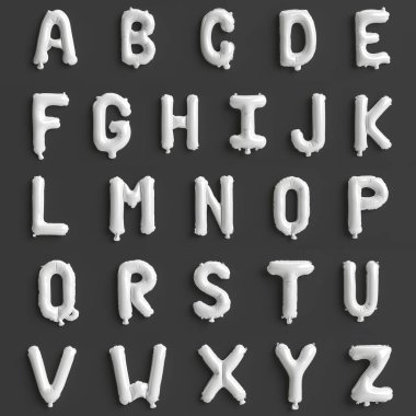 Siyah arkaplanda izole edilmiş beyaz balonların A 'dan Z' ye olan 26 harfi.