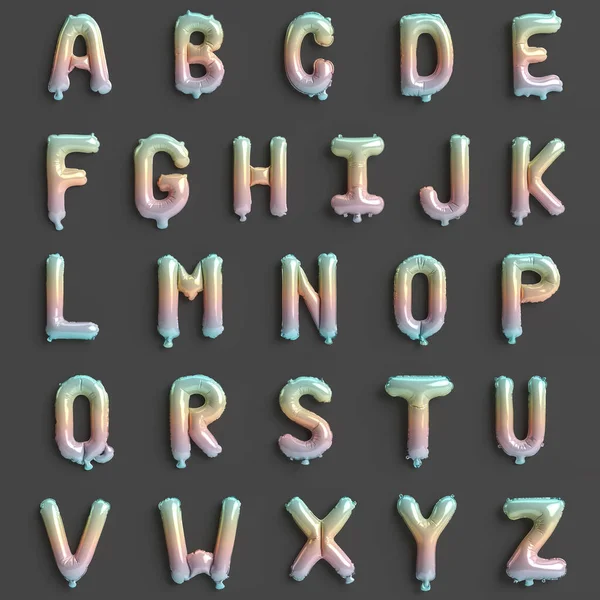 从A到Z 3D的26个字母1型高贵彩虹气球在黑色背景上分离的图解 — 图库照片