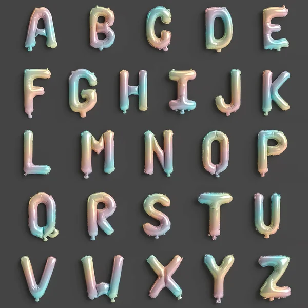 从A到Z 3D的26个字母3型高贵彩虹气球在黑色背景上分离的图解 — 图库照片