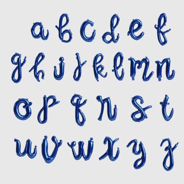 Alfabe el yazısıyla yazılmış balonlar. Beyaz arkaplanda izole edilmiş mavi parlak balonların 3d çizimi.