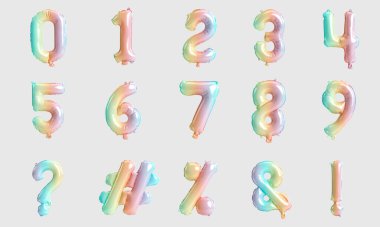 Beyaz arkaplanda izole edilmiş tip 5 gökkuşağı balonlarının 3 boyutlu gösterimi ve sayı tablosu