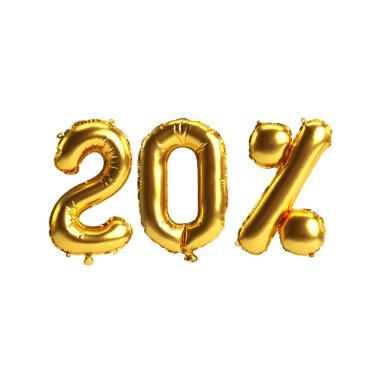 % 20 beyaz üzerine izole edilmiş 3D resimli altın balonlar