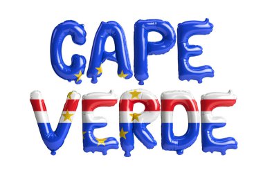 Beyaz üzerinde bayrak rengi izole edilmiş Cape Verde harfli balonların 3D çizimi