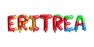 Beyaz üzerinde bayrak rengi izole edilmiş Eritre harfli balonların 3D çizimi