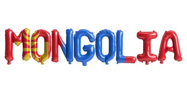 Beyaz üzerinde bayrak rengi izole edilmiş Moğolistan harfli balonların 3D çizimi