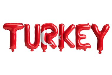 Beyaz üzerine bayrak rengi izole edilmiş üç boyutlu Türkiye harfi balonları