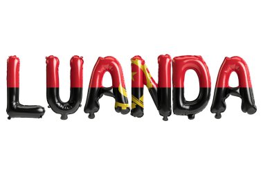 Luanda büyük balonlarının Angola bayraklarının beyaz üzerine izole edilmiş üç boyutlu çizimi