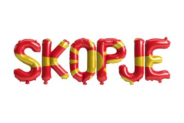 Üsküp 'teki başkent balonları ile Makedonya' nın bayraklarının üç boyutlu resmi beyaza izole edildi