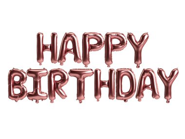 3D illüstrasyon gül altın balonlar mutlu doğum günü mektupları beyaz arka planda izole