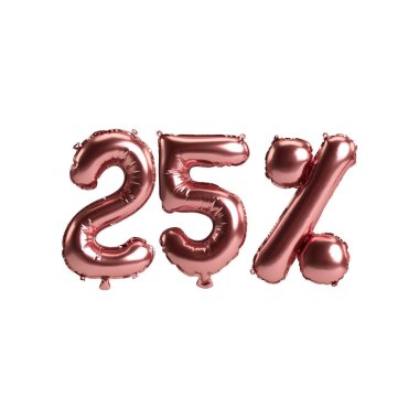 3D illüstrasyon gül altın balonları% 25 beyaz arka planda izole şekillidir