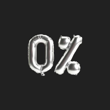 Siyah arkaplanda% 0 oranında izole edilmiş gümüş balonların 3D çizimi