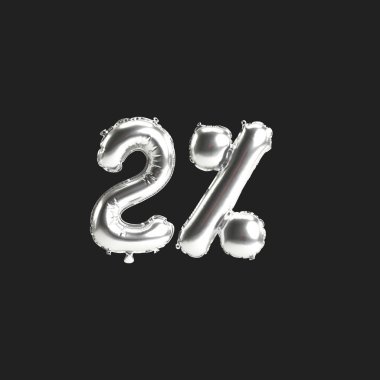 Siyah zemin üzerinde% 2 oranında izole edilmiş gümüş balonların 3D çizimi