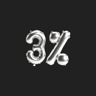 Siyah zemin üzerinde% 3 oranında izole edilmiş gümüş balonların 3D çizimi