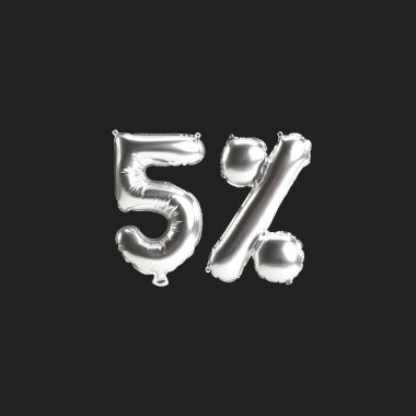 Siyah zemin üzerinde% 5 oranında izole edilmiş gümüş balonların 3D çizimi