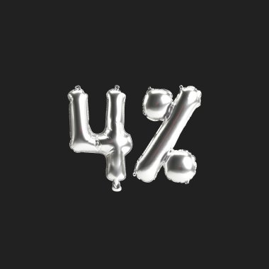 Siyah zemin üzerinde% 4 oranında izole edilmiş gümüş balonların 3D çizimi