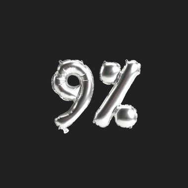 Siyah zemin üzerinde% 9 oranında izole edilmiş gümüş balonların 3D çizimi