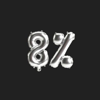 Siyah zemin üzerinde% 8 oranında izole edilmiş gümüş balonların 3D çizimi