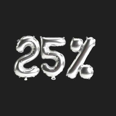Siyah zemin üzerinde% 25 oranında izole edilmiş gümüş balonların 3D çizimi