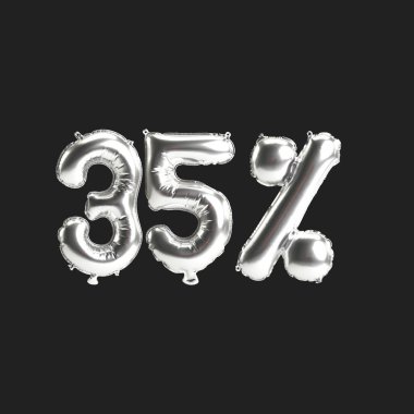 Siyah zemin üzerinde% 35 oranında izole edilmiş gümüş balonların 3D çizimi