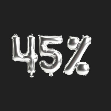 Siyah zemin üzerinde% 45 oranında izole edilmiş gümüş balonların 3D çizimi